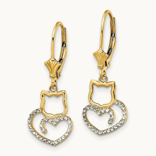 & White Rhodium D/C Cat Heart Leverback Earrings, 14K