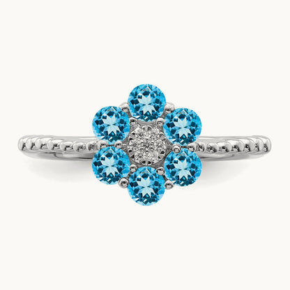 Blue Topaz and Diamond Floral Ring, 14K White Gold