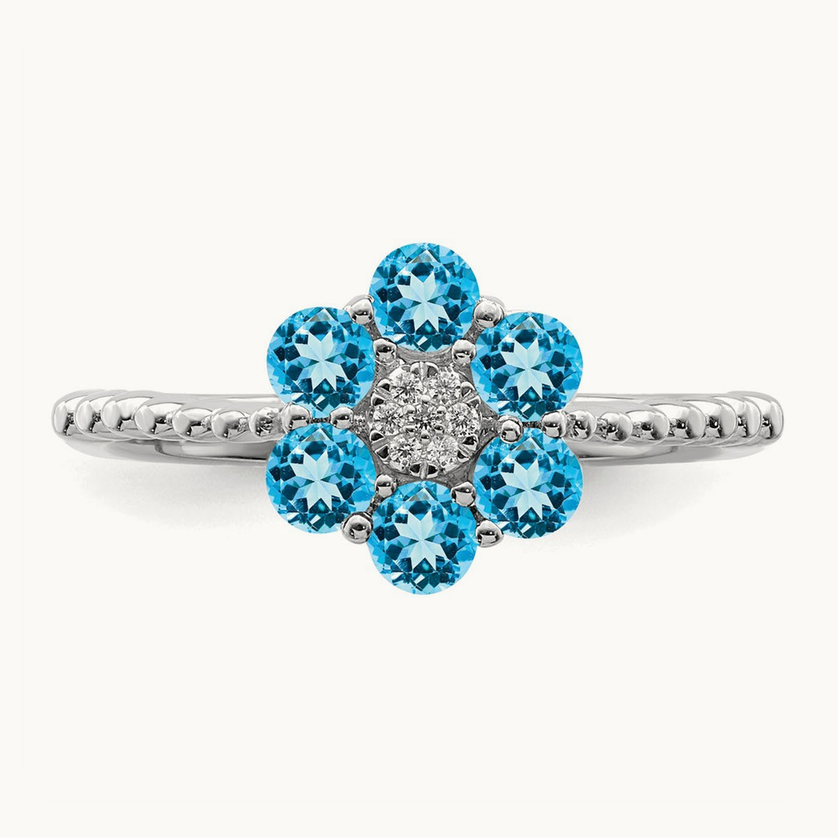 Blue Topaz and Diamond Floral Ring, 14K White Gold