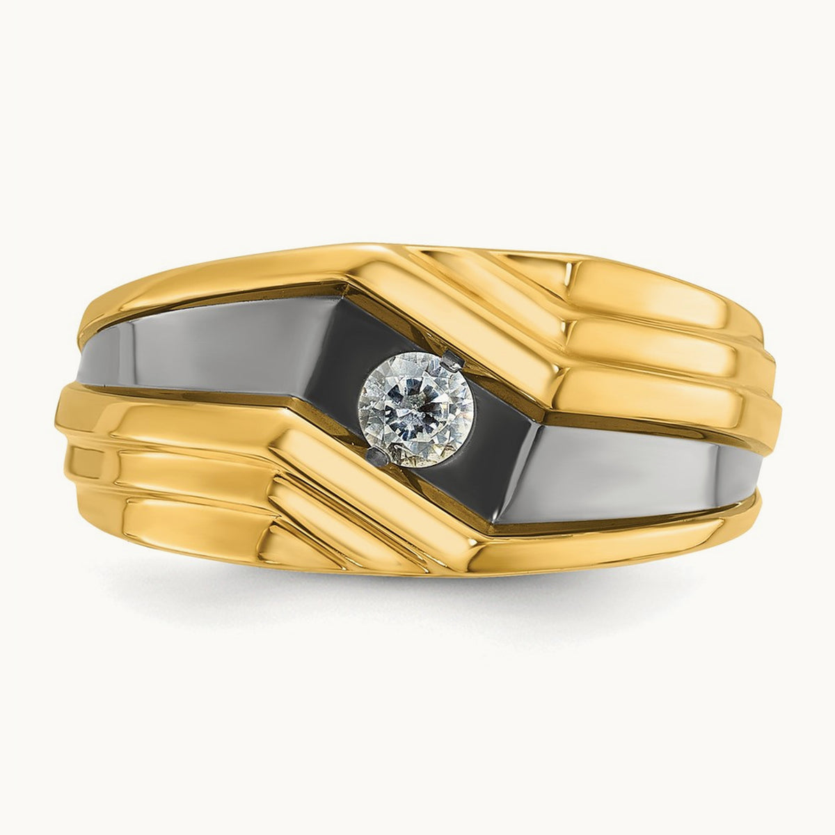 w/ Black RH IBGoodman Men's Polished & Grooved Diamond Ring, 14K
