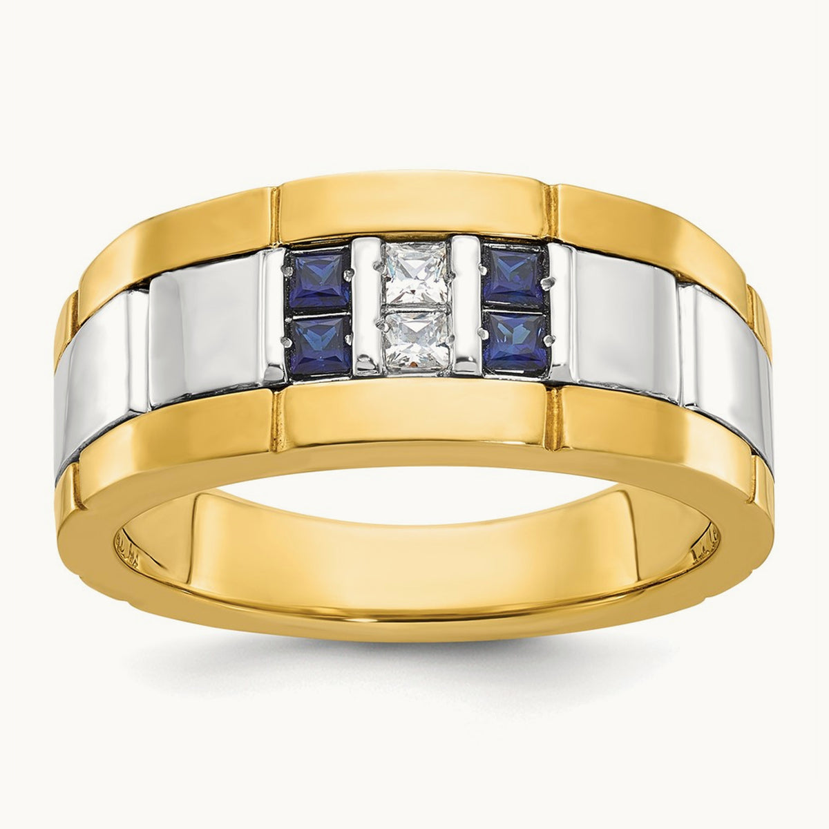 14ktt IBGoodman Men's Polished & Grooved Cr. Sapphire & Diamond Ring