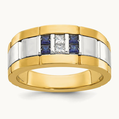 14ktt IBGoodman Men's Polished & Grooved Cr. Sapphire & Diamond Ring