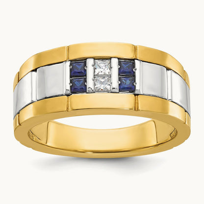 14ktt IBGoodman Men's Polished & Grooved Cr. Sapphire & Diamond Ring