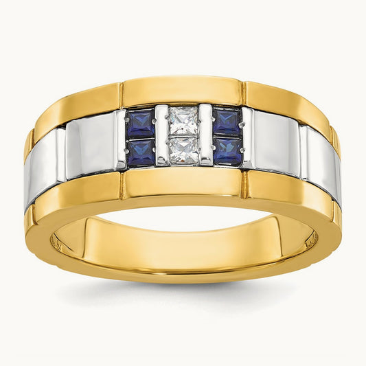 14ktt IBGoodman Men's Polished & Grooved Cr. Sapphire & Diamond Ring