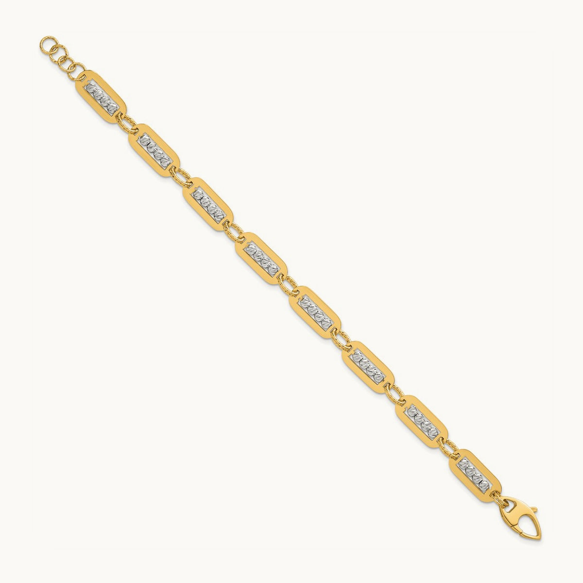 Polished Diamond-cut Bead 7.25 w/.5in ext. Bracelet, 14K Two-tone