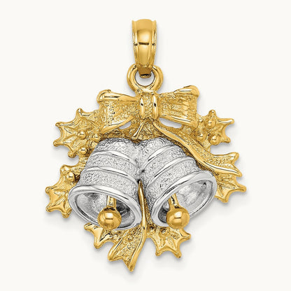 3-D Christmas Bell and Holly Charm, 14K Two-tone