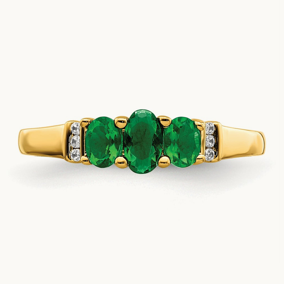 Polished Triple Emerald and Diamond 3-stone Ring, 14K