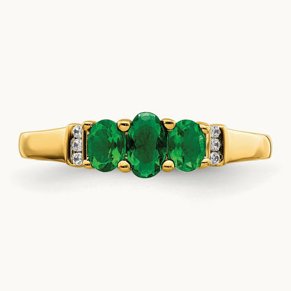 Polished Triple Emerald and Diamond 3-stone Ring, 14K