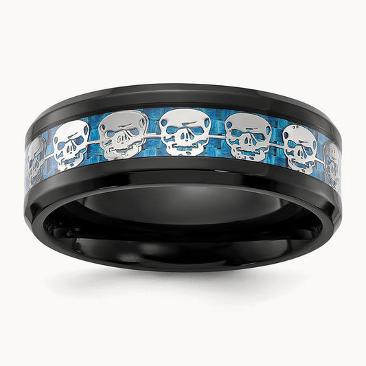 IP-plated Skulls w/Blue Carbon Fiber Inlay Band, 8mm, Stainless Steel Black