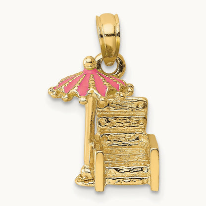 3-D Pink Enamel Beach Chair and Umbrella Charm, 14K