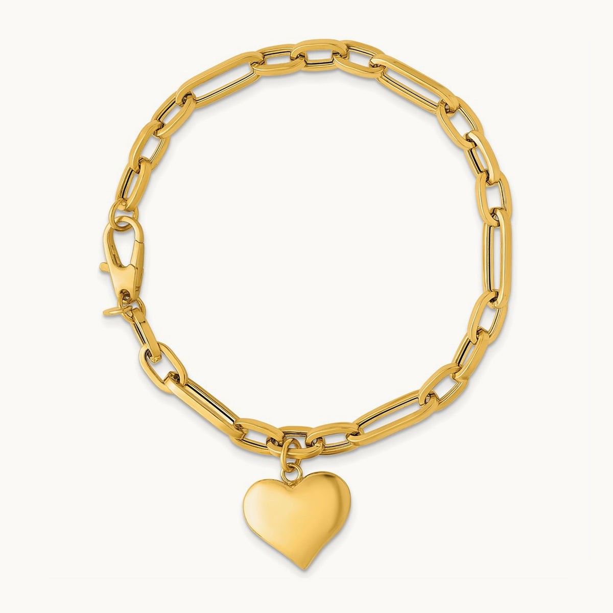 Polished Paperclip Link With Heart Dangle 7.5in Bracelet, 14K