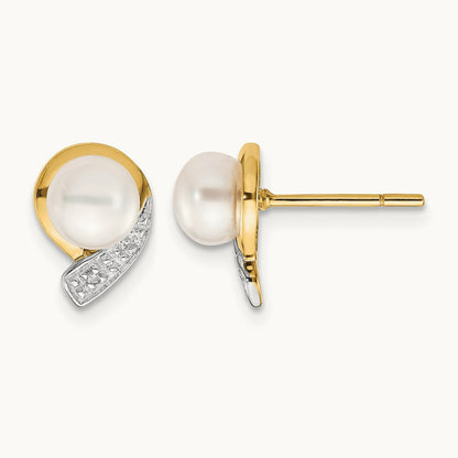 5- White Button FWC Pearl .01ct Diamond Post Earrings, 6mm, 14K