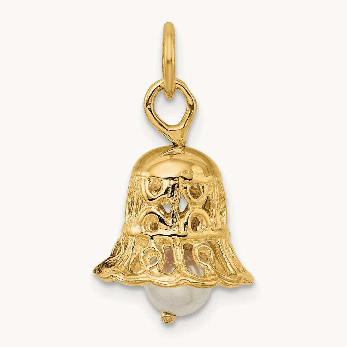 3D Wedding Bell w/ Fresh Water Cultured Pearl Charm, 14K