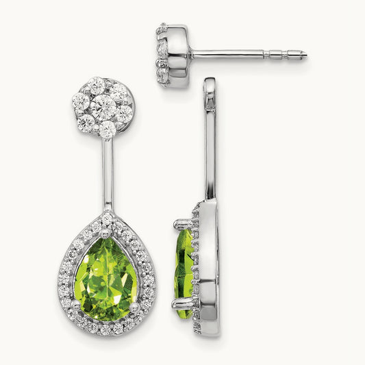 Diamond/Pear Peridot Front/Back Earrings, 14K White Gold