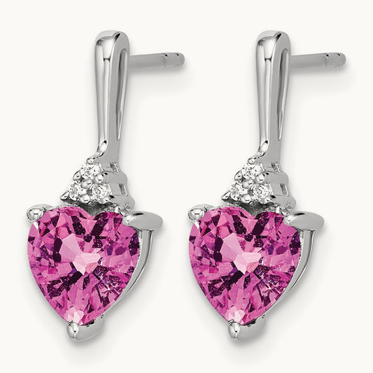 Created Pink Sapphire and Diamond Heart Earrings, 14K White Gold