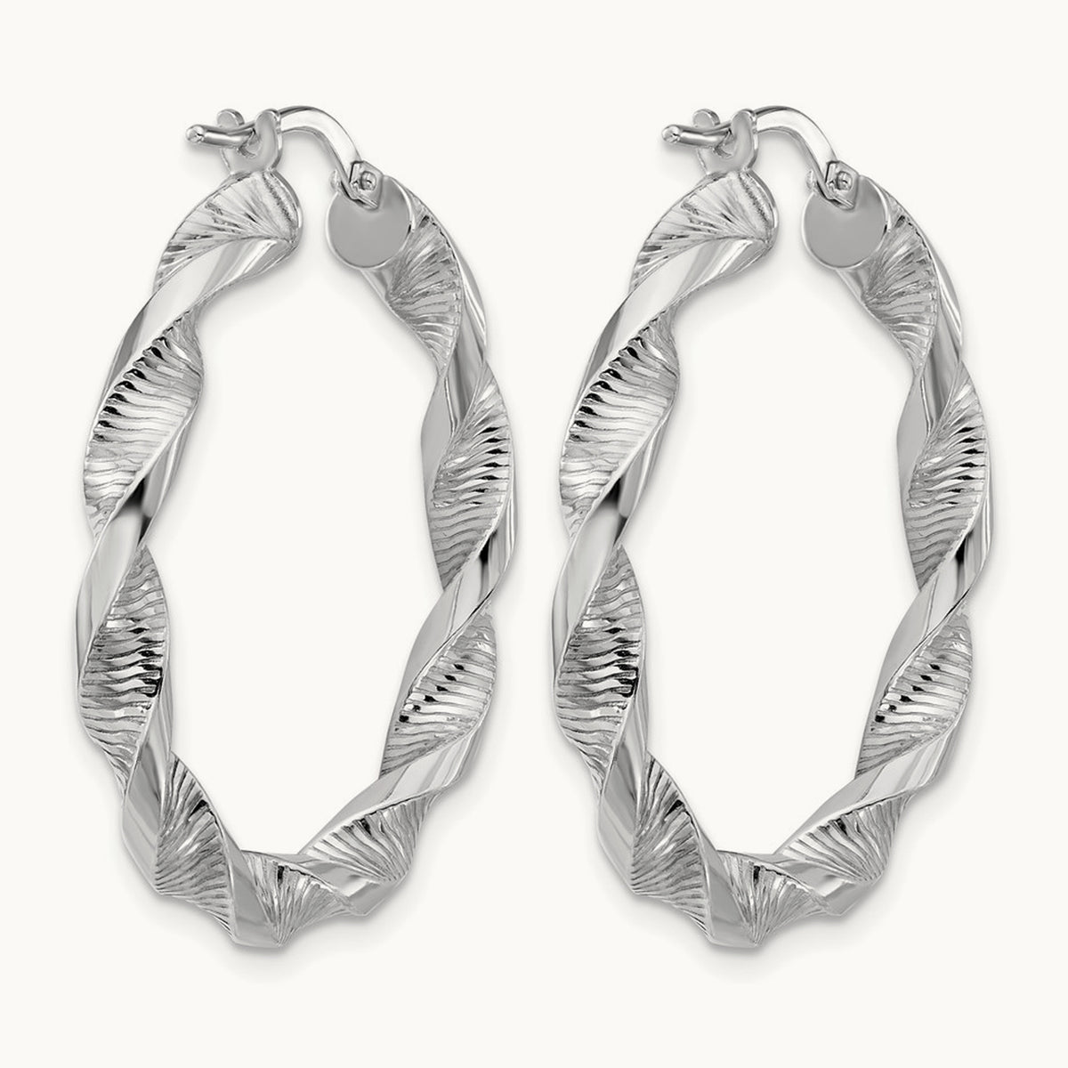 Rhodium-plated Polish/Textured Twist Hoop Earrings — 35mm