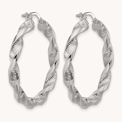 Rhodium-plated Polish/Textured Twist Hoop Earrings — 35mm