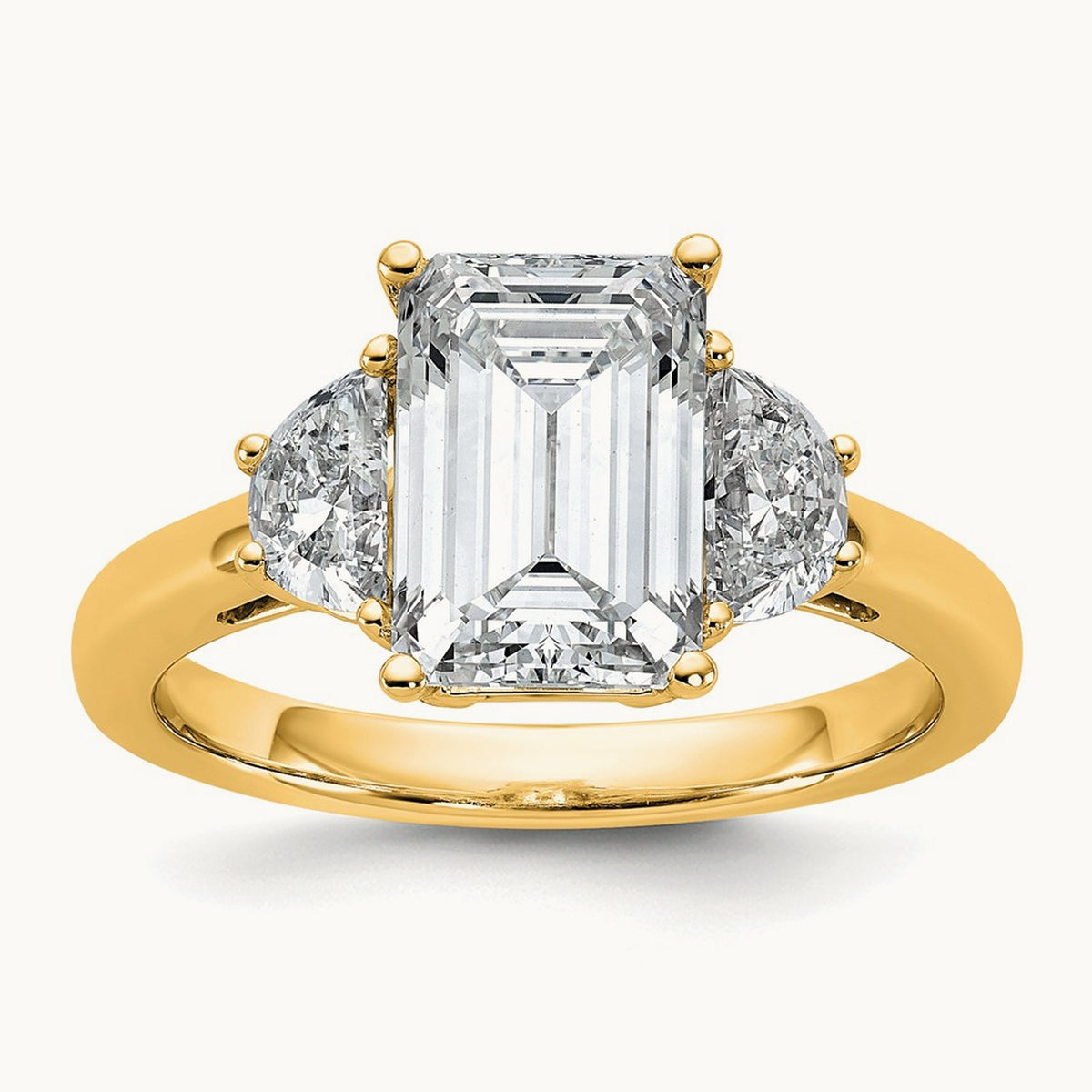 Semi-Mount Emerald & 1/2 Moon 3 Stone Engagement Ring, 0.25-1.00 ct tw Lab-Grown Diamond — 5/8 ct, 14K Yellow Gold