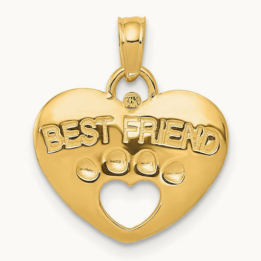 BEST FRIEND on Heart with Cut-Out Paw Pendant, 14K