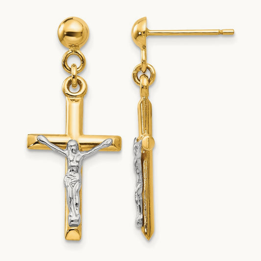 Hollow Crucifix Earrings, 14K Two-tone