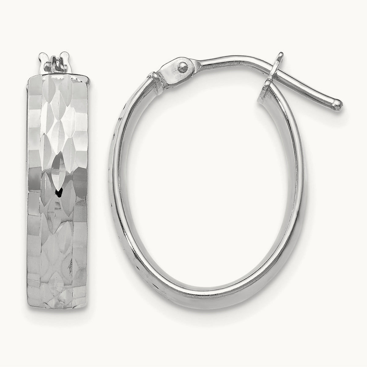 w/Wht RH-plating Pol/Dia-cut Oval Hinged Hoop Earrings, 10K — Leslie's