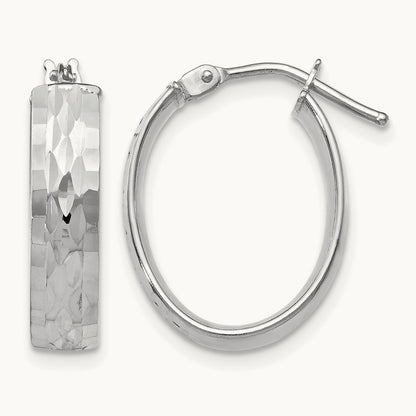 w/Wht RH-plating Pol/Dia-cut Oval Hinged Hoop Earrings, 10K — Leslie's