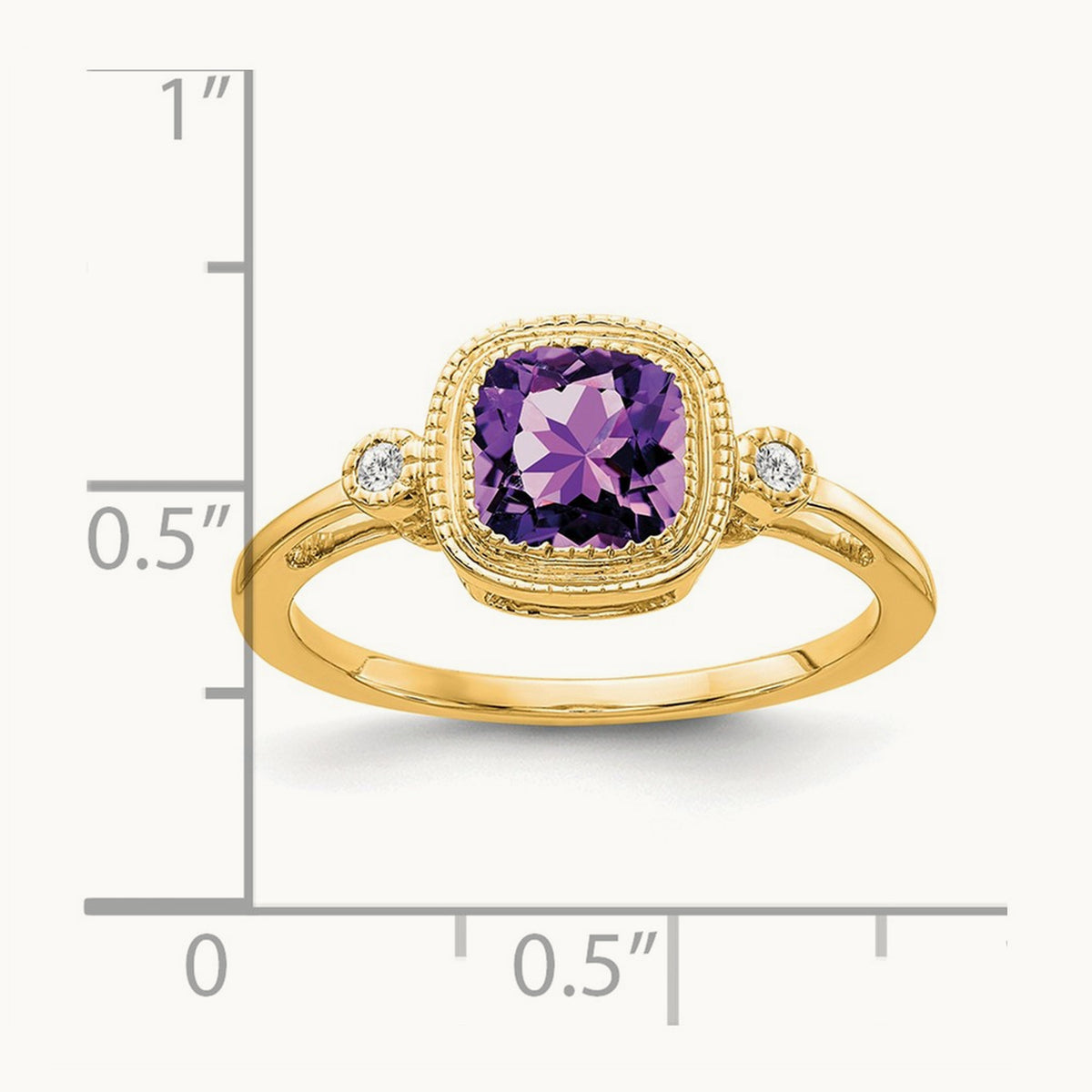 Cushion Amethyst and Diamond Ring — 14K Yellow Gold, 7