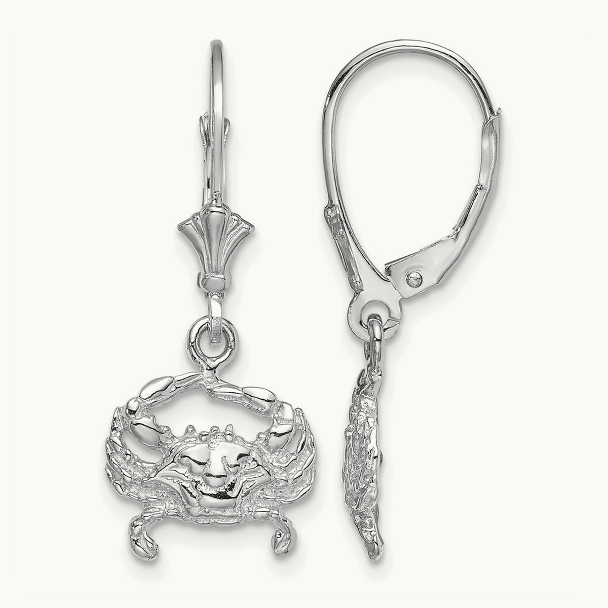 Blue Crab Leverback Earrings — 14K White Gold