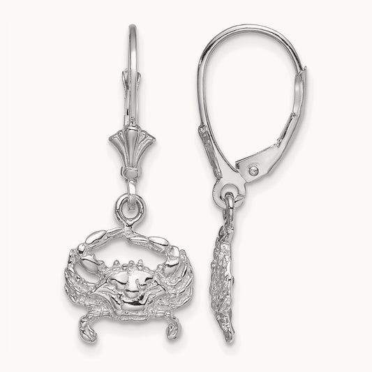 Blue Crab Leverback Earrings — 14K White Gold