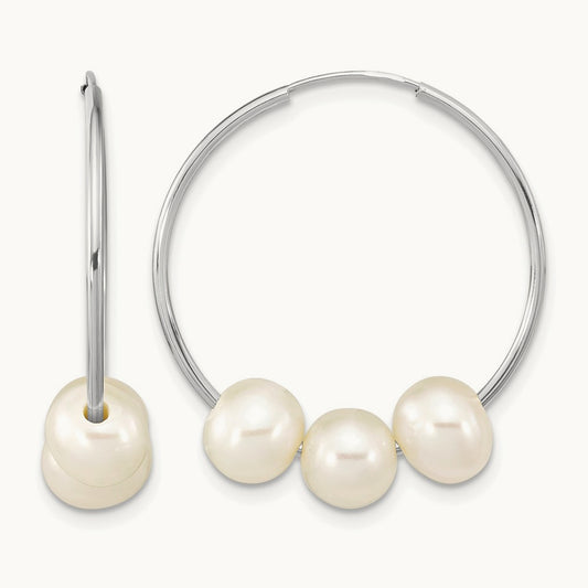 WG 6- Semi-Rnd Freshwater Cultured 3 Pearl Hoop Earrings, 7mm, 14K