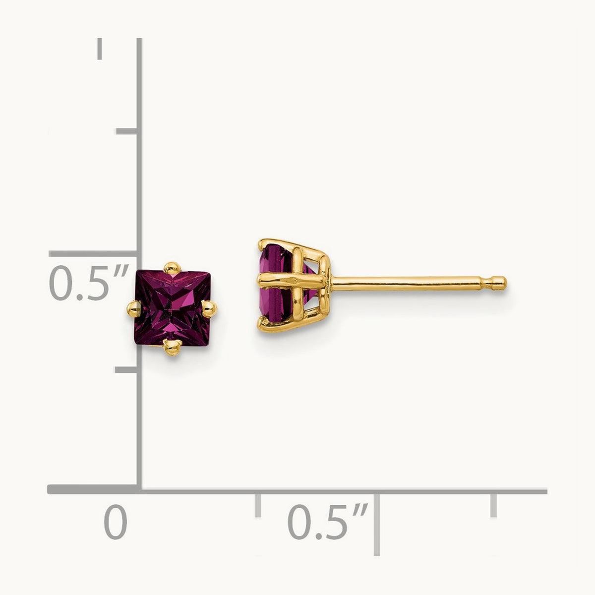 Princess Cut Rhodolite Garnet earring, 4mm, 14K