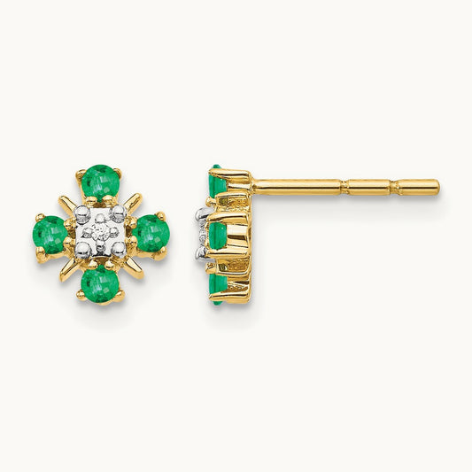 Created Emerald Fashion Post Earrings, 0.01 ct tw Lab-Grown Diamond — 14K Yellow Gold