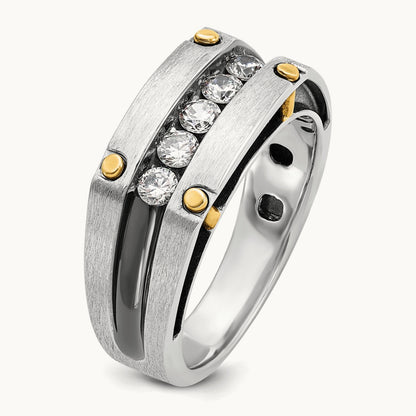 14ktt w/ Blk RH IBGoodman Men's Satin/Grooved 5-Stone Diamond Ring