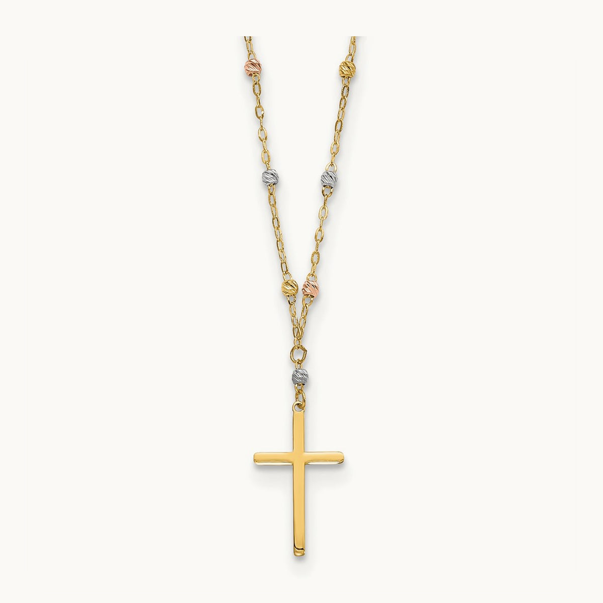 Tri-color Diamond-cut Beaded Polished Cross Necklace, 14K