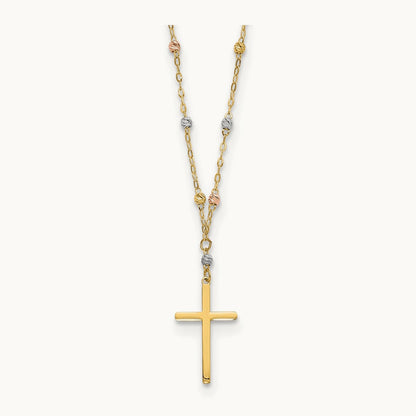 Tri-color Diamond-cut Beaded Polished Cross Necklace, 14K