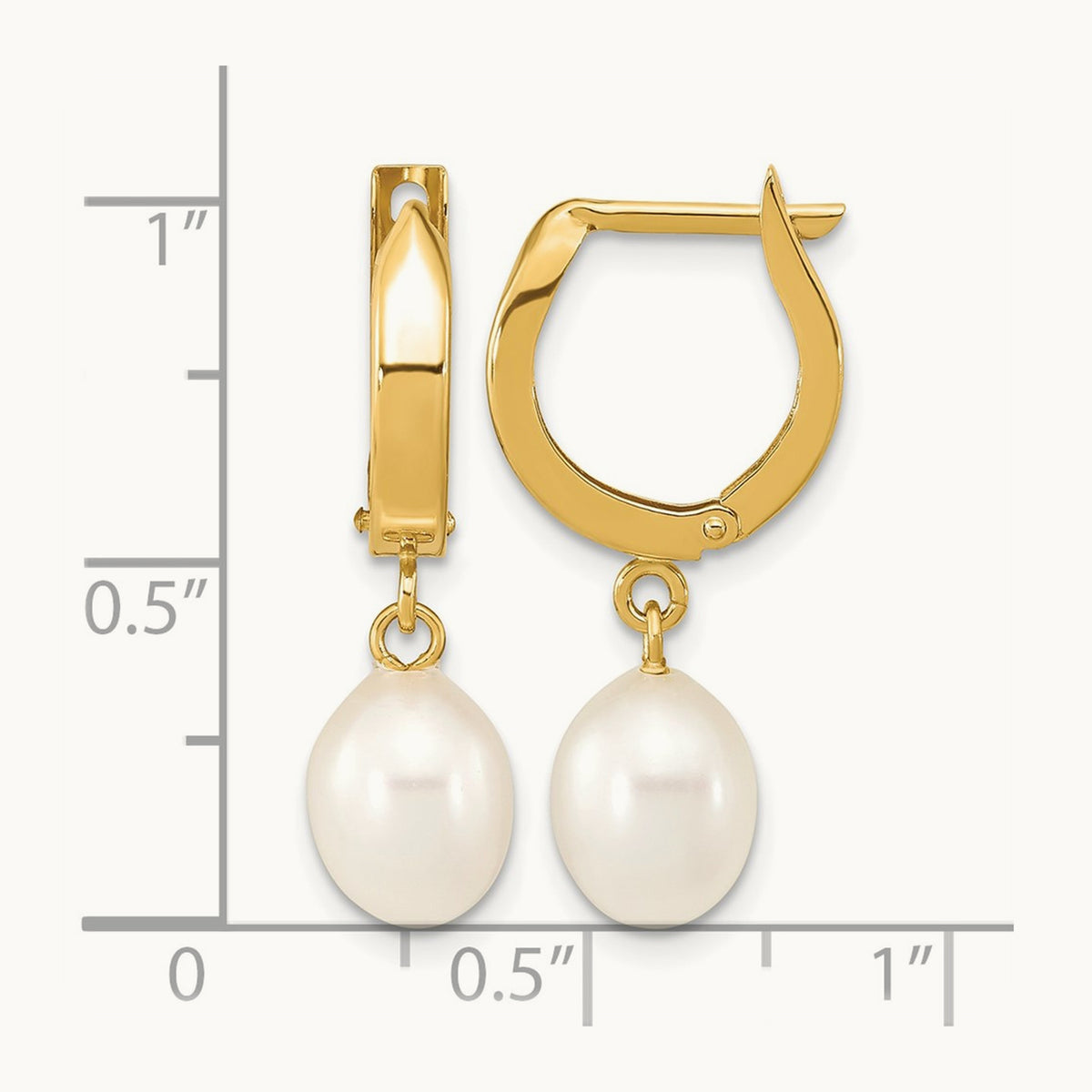 6- Rice White FWC Pearl Hoop Dangle Earrings, 7mm, 14K