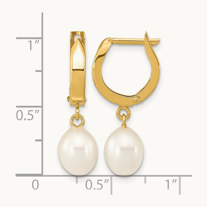 6- Rice White FWC Pearl Hoop Dangle Earrings, 7mm, 14K