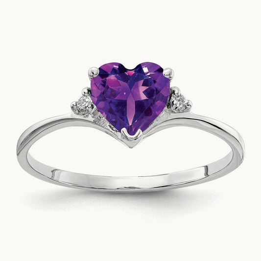 Heart Amethyst AA Diamond ring, 6mm, 14K White Gold