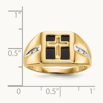 Onyx and Diamond Cross Mens Ring, 14K