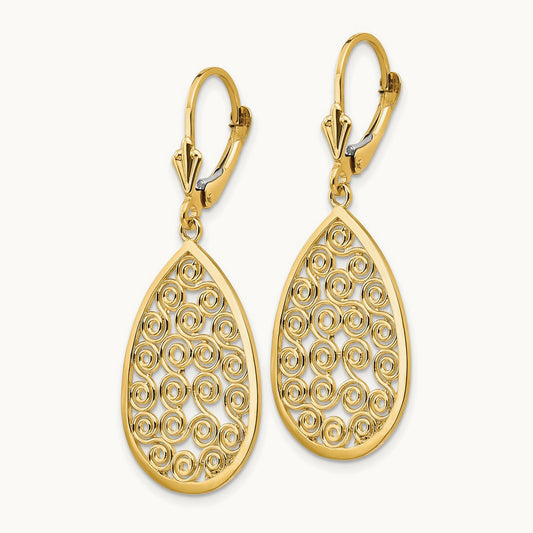 Teardrop Filigree Dangle Leverback Earrings — 14K Yellow Gold