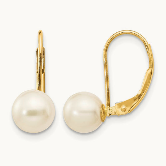 Round Freshwater Cultured Pearl Leverback Earrings — 14K Yellow Gold