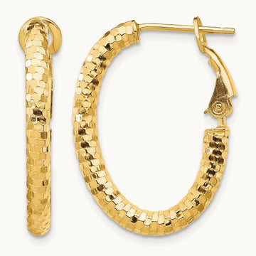 Diamond-cut Oval Omega Back Hoop Earrings — 3x26mm