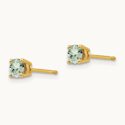 Round Green Quartz Earrings — 14K Yellow Gold, 4mm