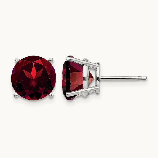 Garnet Round Stud Earrings, 14K White Gold