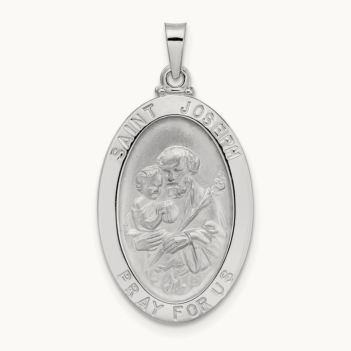 Polished Saint Joseph Oval Solid Medal Pendant, 14K White Gold