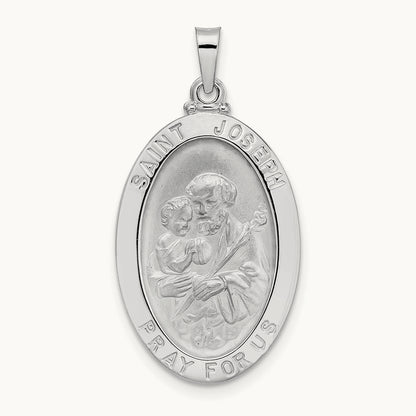 Polished Saint Joseph Oval Solid Medal Pendant, 14K White Gold