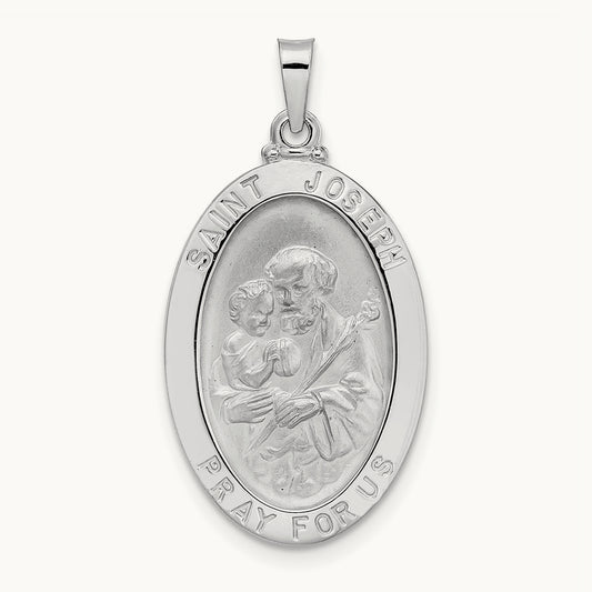 Polished Saint Joseph Oval Solid Medal Pendant, 14K White Gold