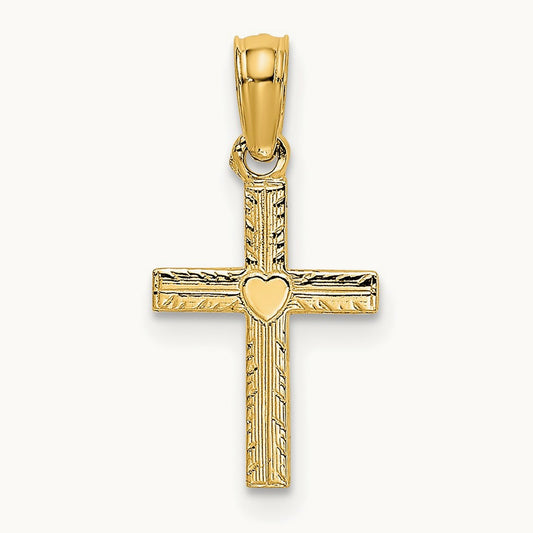 Polished Mini Cross w/ Heart Charm, 14K