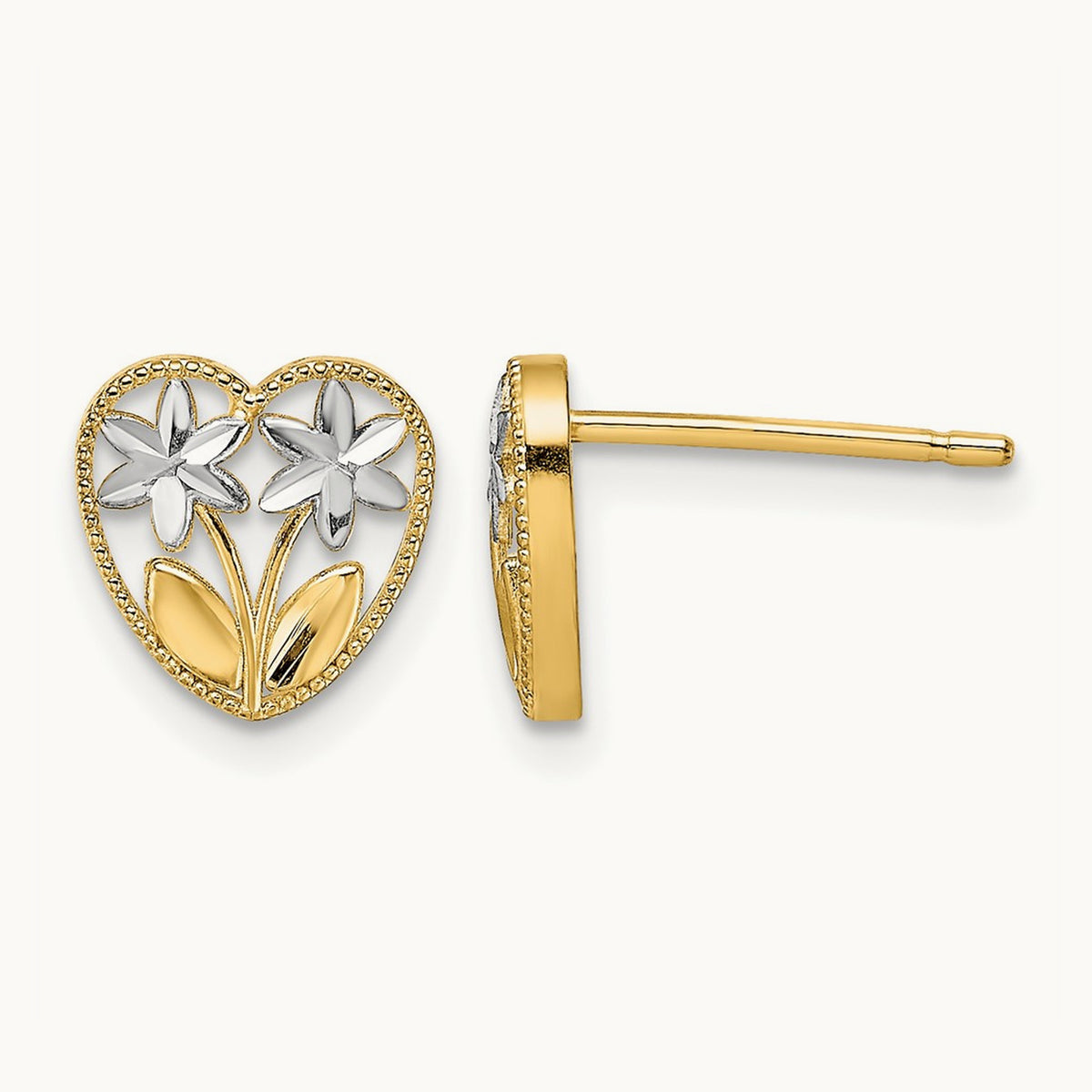 w/ Rhodium D/C Flower and Heart Post Earrings, 14K