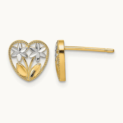 w/ Rhodium D/C Flower and Heart Post Earrings, 14K